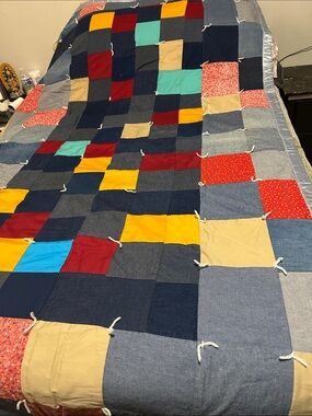 Patchwork Quilted Throw Blanket in Navy, Red, Yellow & Teal